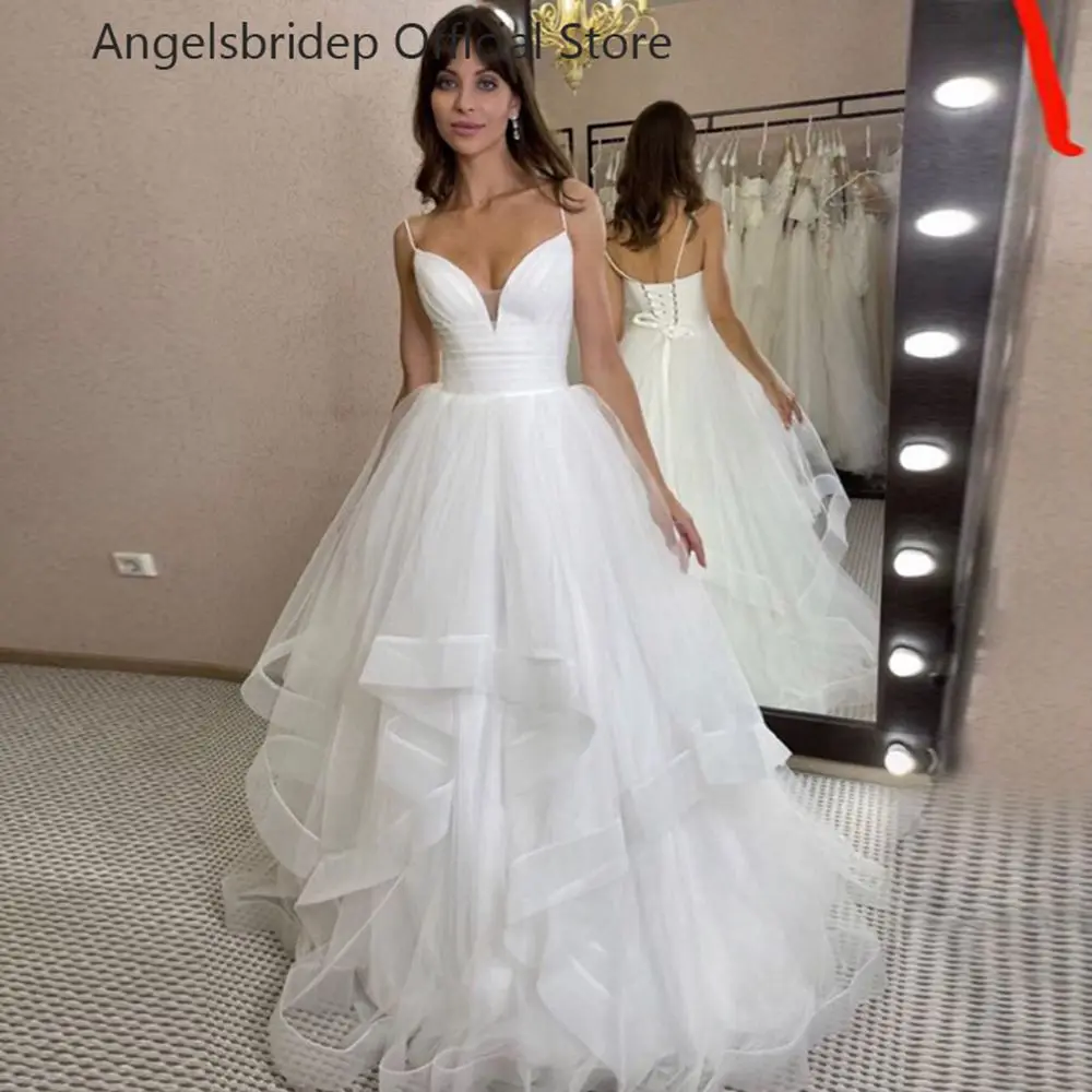 

Angelsbridep Elegant Boho A Line Tulle Wedding Dresses For Women 2023 V-neck Spaghetti Straps Ruffles Bride Gowns Robe De Mariée