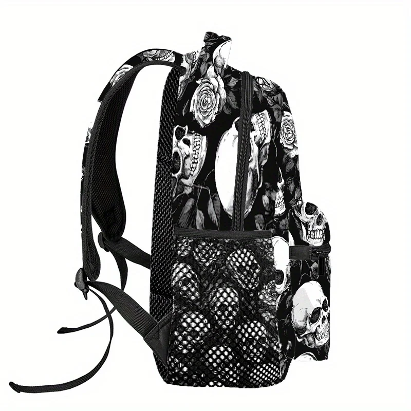 Black Floral Skull Backpack Lightweight Adjustable Strap Travel Gym Bag with Gothic Design for Men Women Yoga Beach