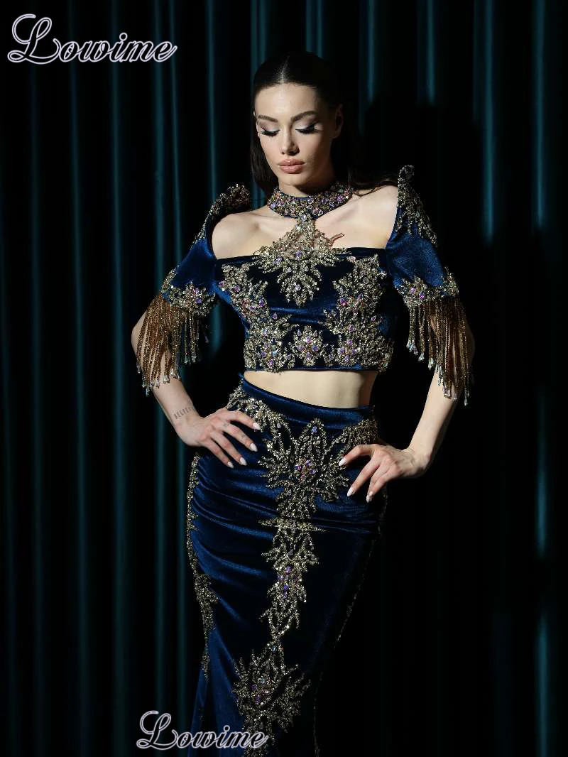 Haute Coutures Navy Blue Celebrity Dresses With Gold Beaded Two Pieces Prom Dresses Mermaid Fashion Vestidos De Gala Customized