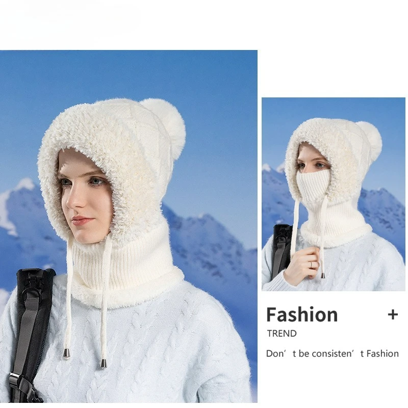 Cross-border winter fleece knitted beanie women's ear protection hat mask neck scarf integrated warm pullover hat