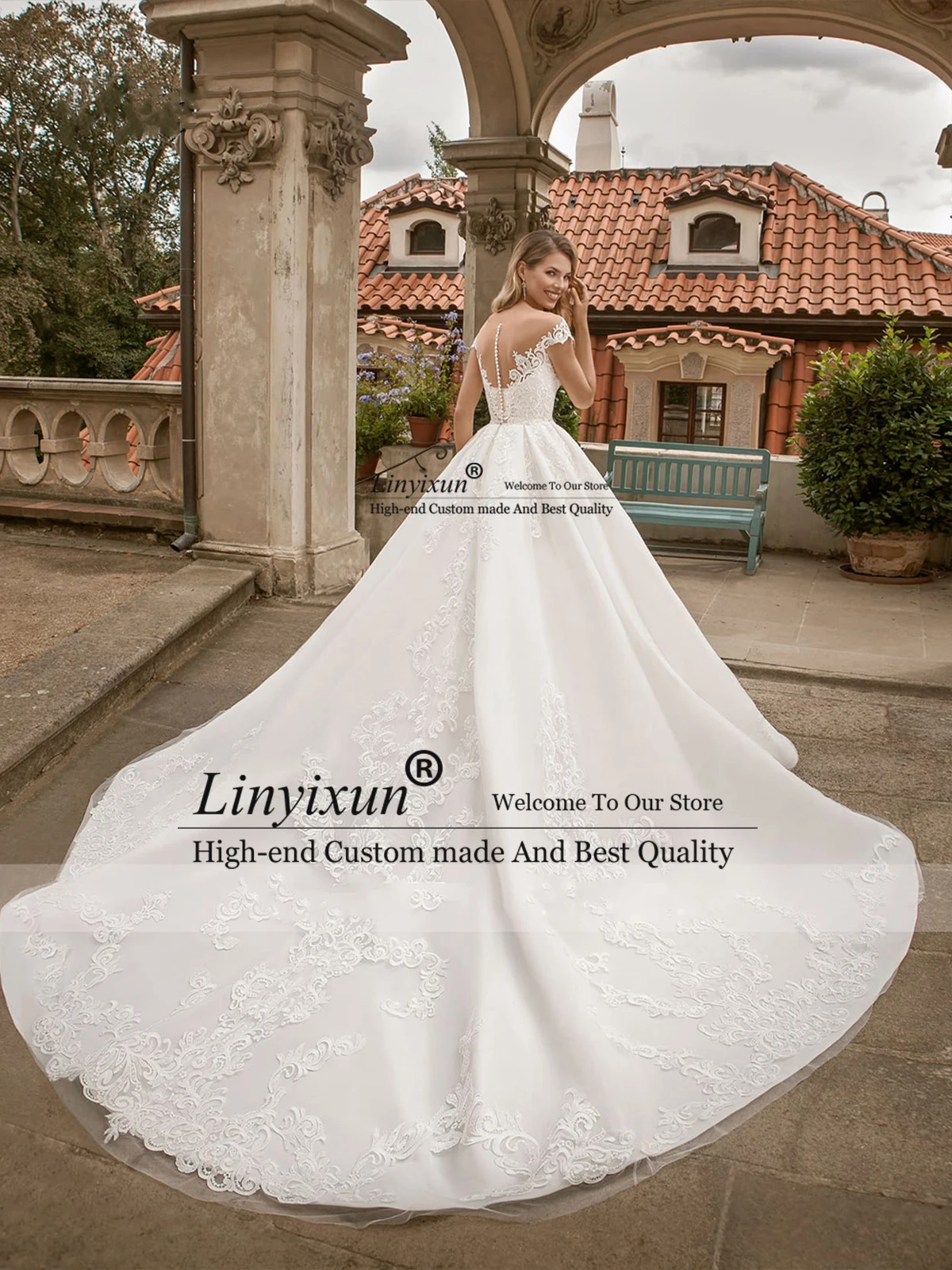 Luxury Beaded White Wedding Dresses For Women Vintage Appliques Short Sleeves Bridal Gowns Sashes Chapel Train свадебное платье