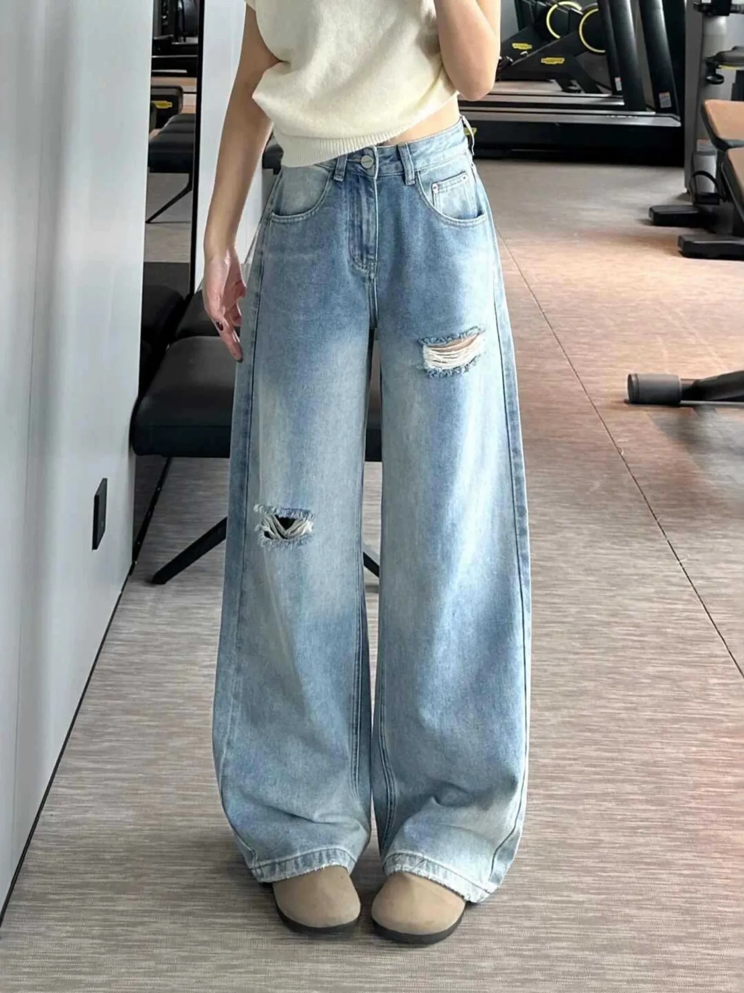 Women's Vintage Washed High Waist Wide Leg Jeans Distressed Ripped Denim Pants Baggy Trousers
