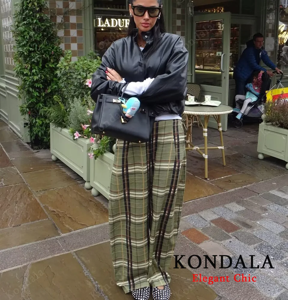 KONDALA Herbst Frauen Chic Grün Plaid Hosen Lange Tasche Hosen 2025, Mode Frühling Herbst Urlaub Casual Strand Täglichen Freizeit Hosen