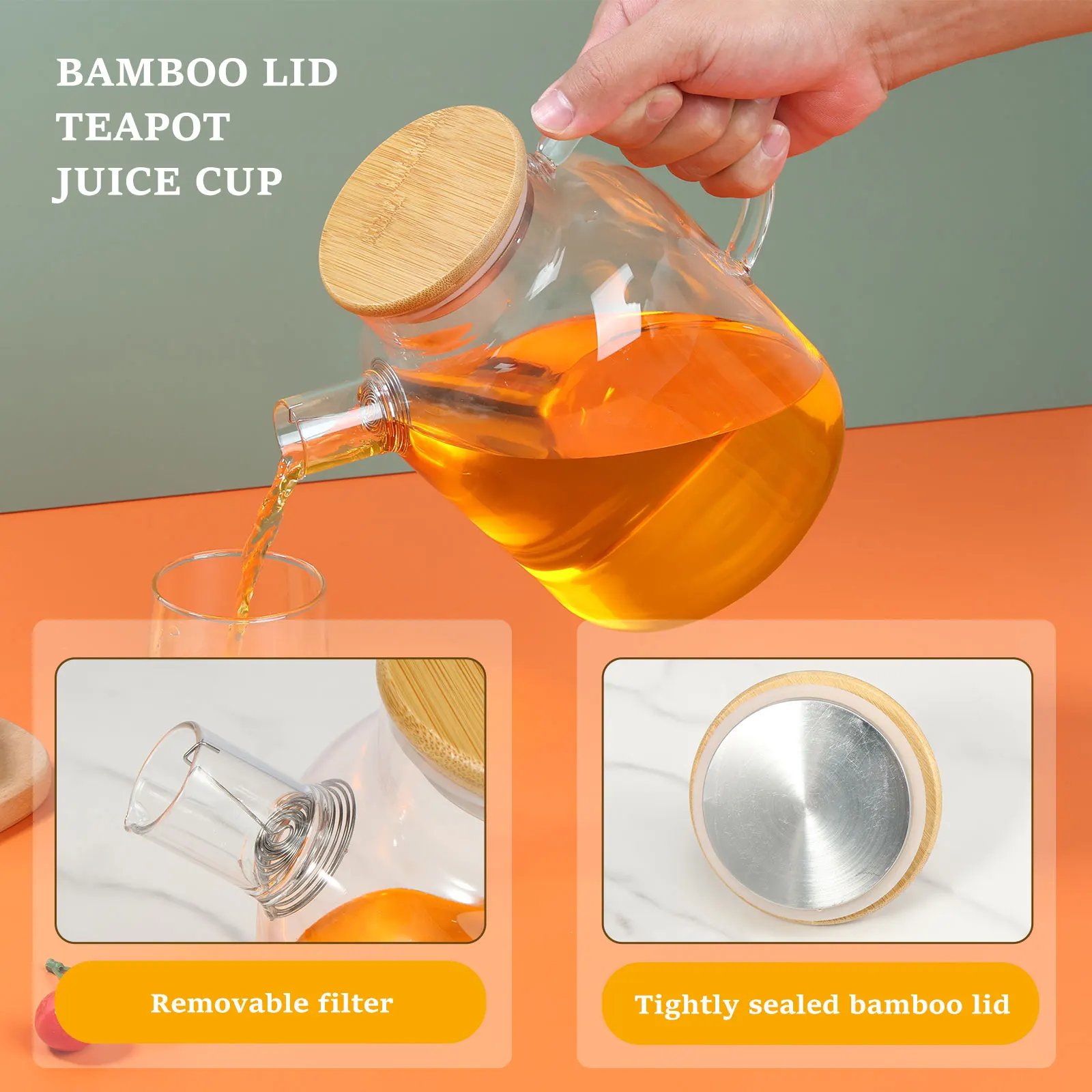 Glass Pitcher with Bamboo Lid 1800ml Glass Water Pitcher Heat Resistant Glass Jug with Handle Leafproof Glass Kettle with