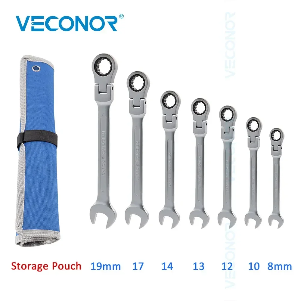 7-Piece Ratchet Wrench Set of Keys 8-19mm 72-Tooth Dull Polished Tools with Storage Pouch