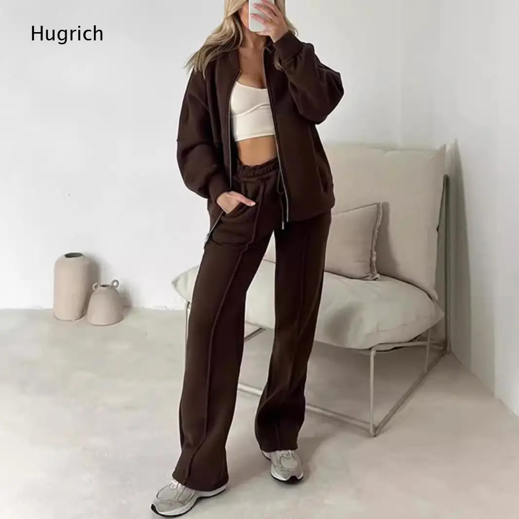 Women Zip Up Oversized Jacket Drawstring Wide Leg Pants Two Piece Tracksuit Casual Sweat Outfit view 2