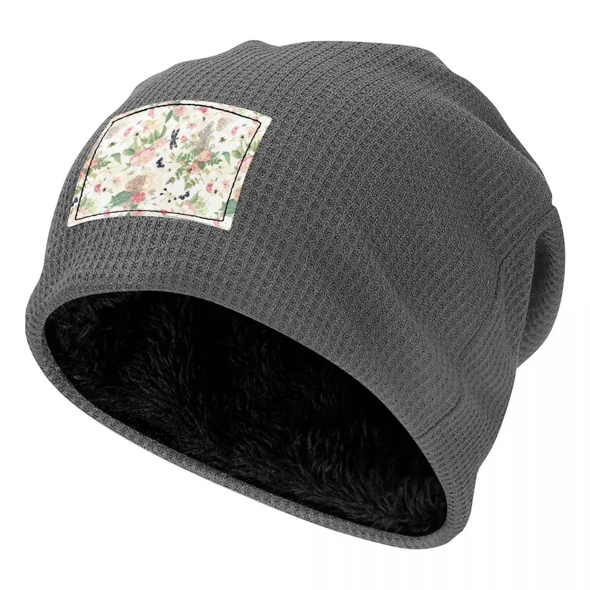 UtART Vintage Roses Spring Flower And Early Insects Botanical Waffle Knit Fleece Lined Beanie with PU Leather Patch Soft Cap