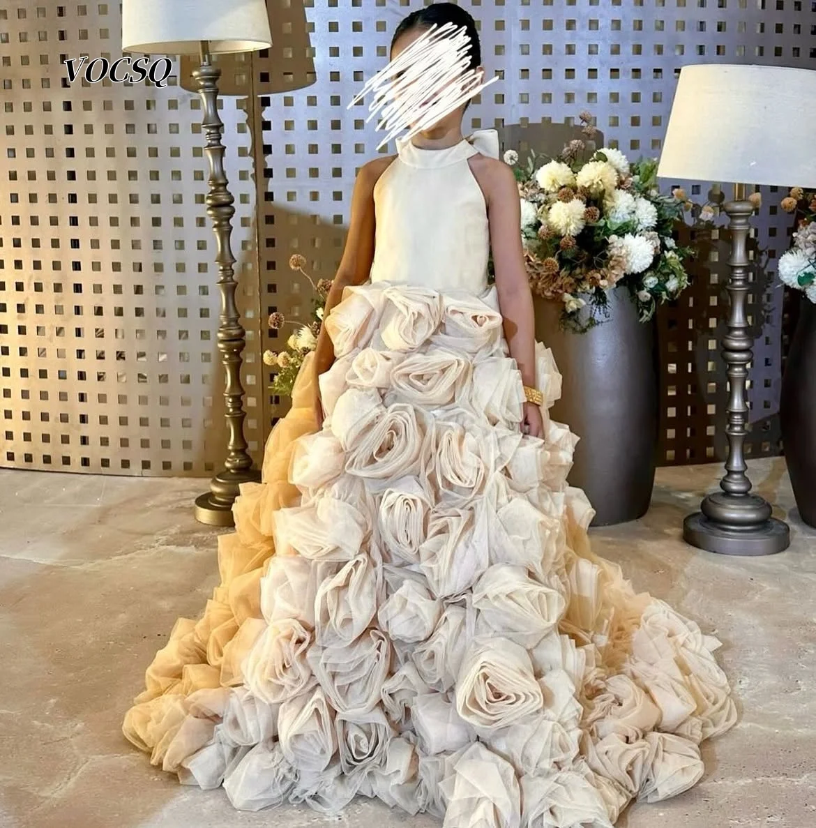 Flower Girl Dress Sleeveless Halter Neck 3D Floral Tulle Floor Length Champagne Gradient Wedding Pageant Dress Customized