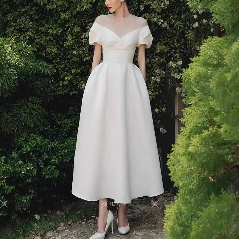 

Ele ort Evening Dr Korean Sle Bubble Sve One oulder Long Skirt Polyester Fiber Wedding Par Celebration