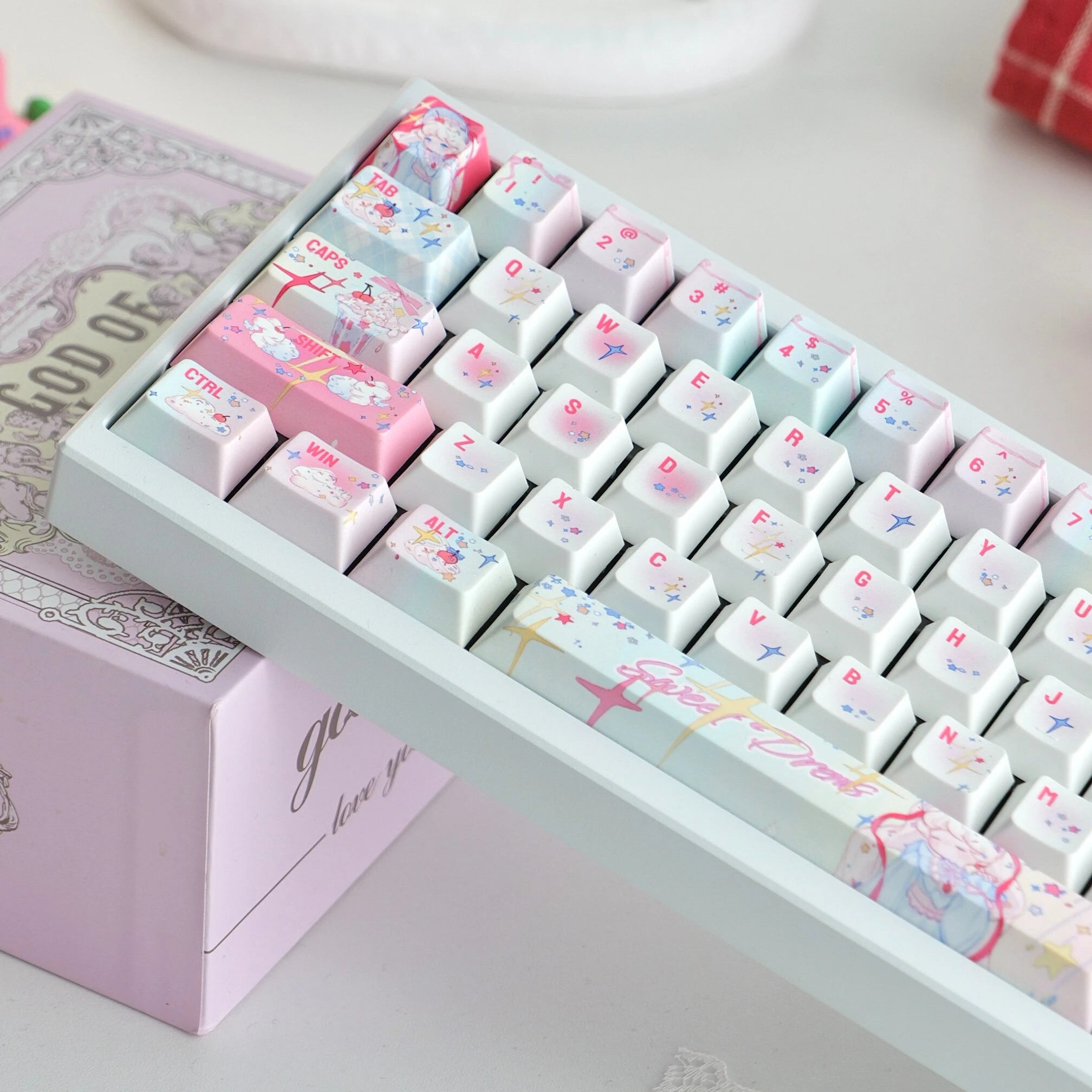 Dream Rabbit Themed Keycaps PBT Sublimation Printed Cherry Profile Keycap Sweet Girly Style MX Switch Mechanical Keyboard Caps