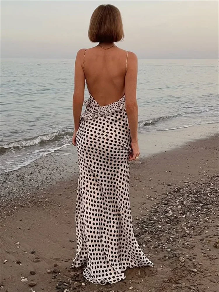 

2025 Summer Ruffled Striped Long Dress For Women Patchwork Spaghetti V-Neck Sexy Luxury Party Dress Female Halter Dresses