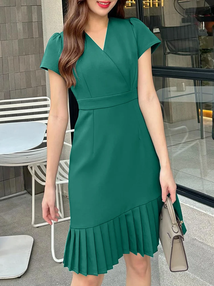Eleganckie sukienki do pracy z krótkim rękawem i dekoltem w serek ZANZEA na lato 2025, stylowe, jednolite, plisowane sukienki w kształcie litery A na przyjęcie, Vestidos Robe Femme