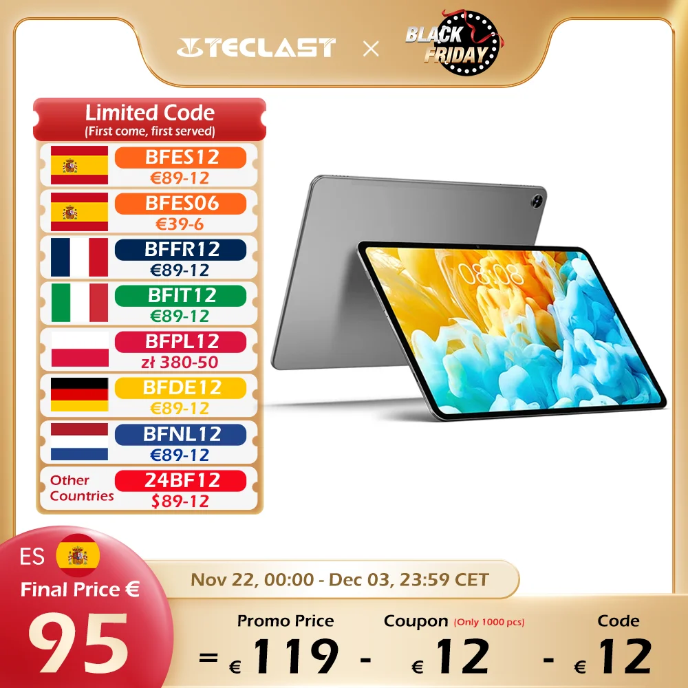 Teclast T50 11 inch TDDI Android 12 Tablet 8GB RAM 128GB/256GB ROM 2000x1200 2K 18W PD fast charge 7500mAh 12nm UNISOC T616 eight core Mali-G57 20MP rear camera network 4G and call 350 nits