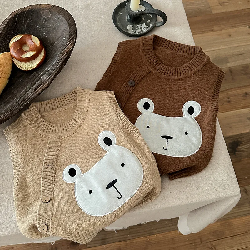 

Kids Babys Girls Knitwear Vest Cartoon Bear Printed Infant Girls Sleeveless Tops Children Girls Round Collar Pullover Sweater