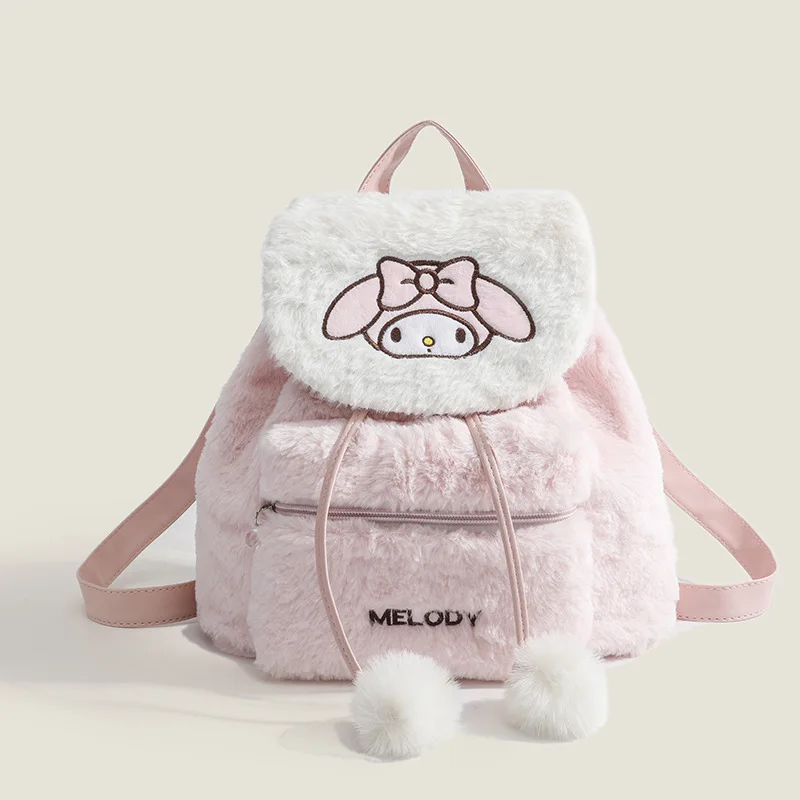 Sanrio Hello Kitty Melody Mochila de pelúcia para mulheres, bolsa de ombro macia, grande capacidade, tampa flip, bolsa de escola kawaii, presentes