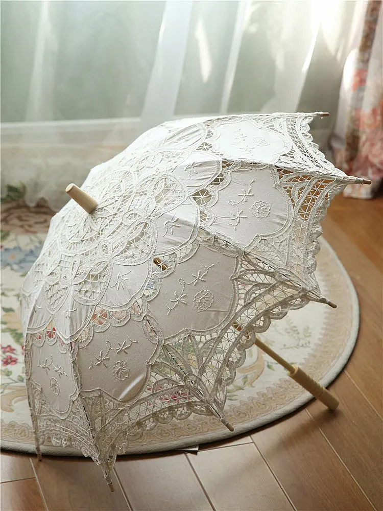 

Peachun Ladies Wedding Umbrella Long Handle Lace Decorative Photographing Umbrella Vintage Craft Wooden Handled Rain Umbrella
