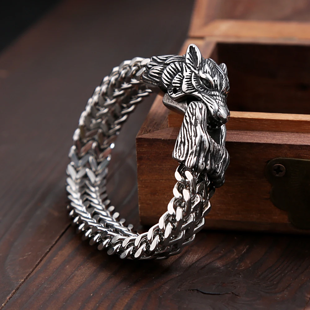 Men's Vintage Stainless Steel Viking Wolf Head Bracelet Punk Domineering Animal Trendy Mesh Chain Bangle Fashion Jewelry Gifts