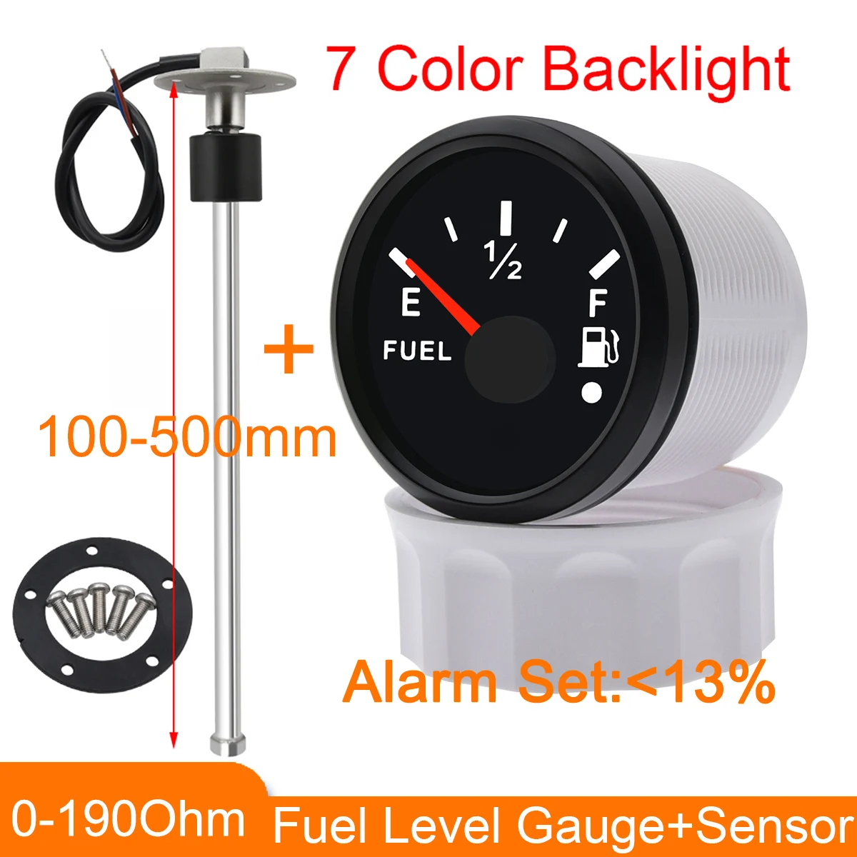 

100-500mm Fuel Level Sensor with Fuel Gauge 0-190ohm Fuel Level Gauge With Alarm Light 7 Colors Backlight for Car Boat Camper