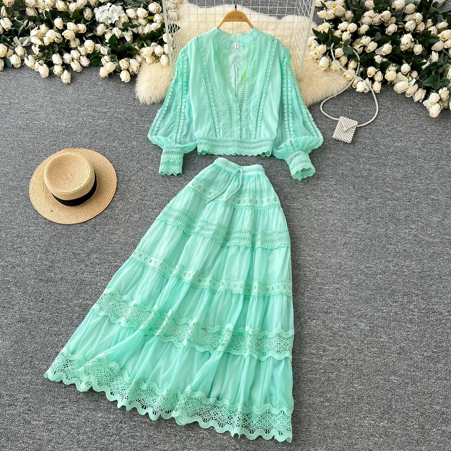 Chic Two-piece Sets Basics O-neck Lace Spliced Lantern Sleeve Blouse and High Waist Hollow Out Skirt High Street Women Clothing