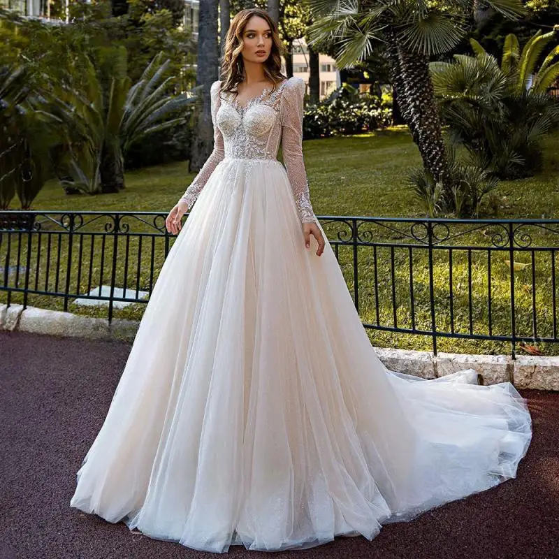 

Sweetheart Shiny Wedding Dress 2024 Long Sleeve Beading A-Line Court Train Princess Vestido De Novia SwanSarah Bride Gown