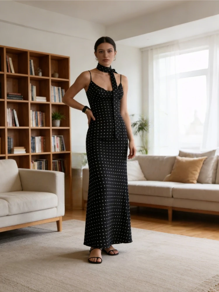 

Tsiisd Printing Polka Dot Camisole Long Dress Women Lace-Up Sleeveless Contrast High-Waist Party Evening Dress Mermaid Dress New