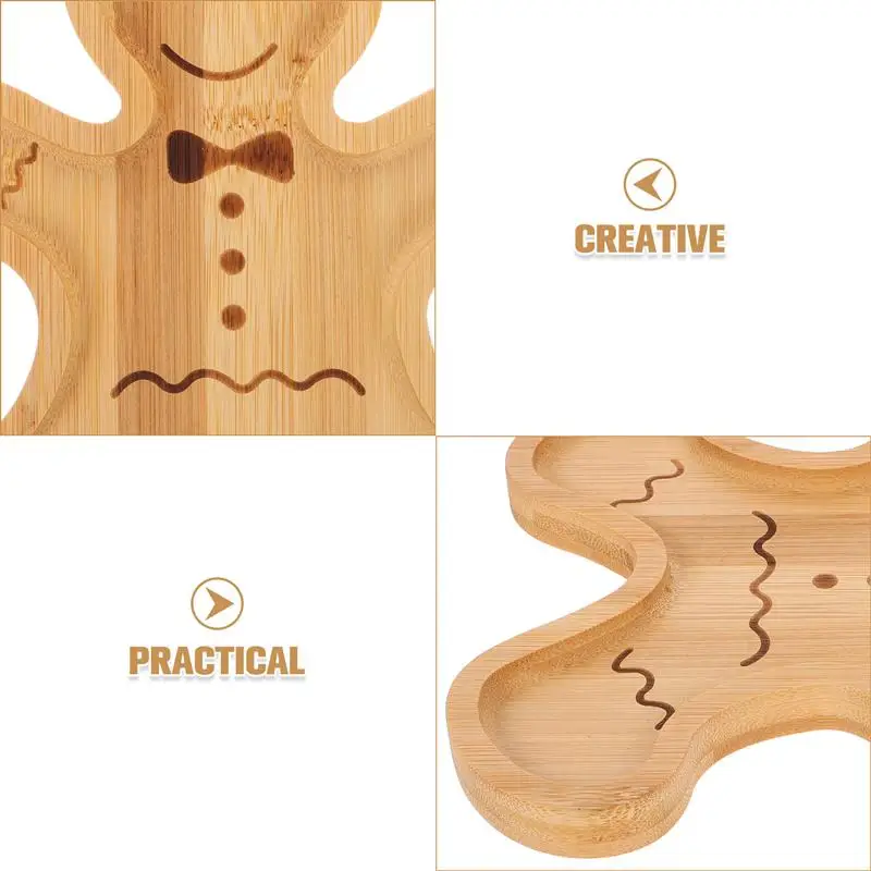 Bamboo Gingerbread Man Serving Tray Festive Holiday Treat Platter for Snacks Bread Fruit Creative Food Tray for Christmas Decor