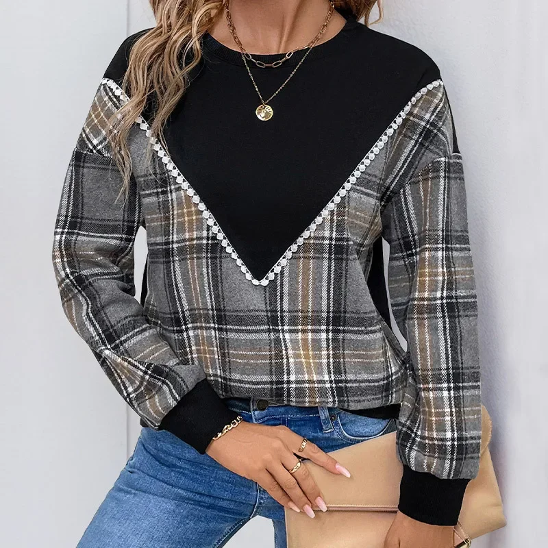 Korean Casual Vintage Plaid Patchwork Round Neck Pullover Top, Women's New Fashion Loose Long-sleeve Top for Autumn and Winter