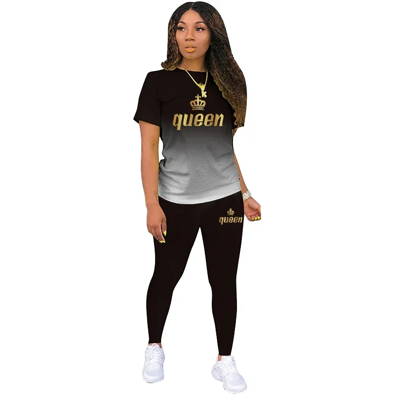 Conjunto de macacão de corrida Queen feminino com 2 peças, agasalho casual, roupa esportiva curta, roupas sensuais, moda verão