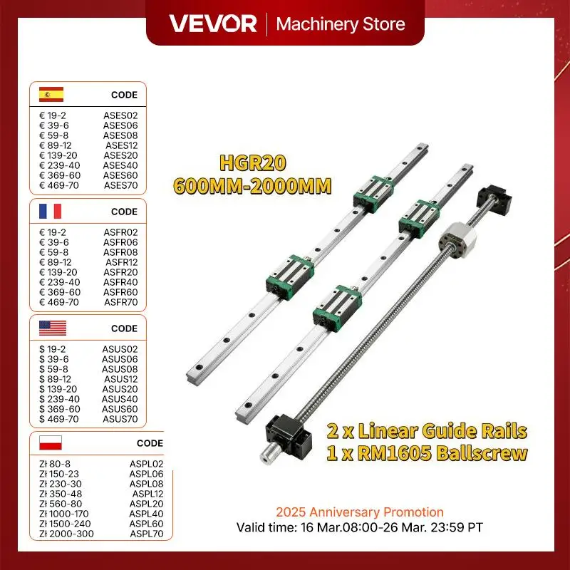 VEVOR HGR20 2PCS Linear Guide Rails 600-2000MM 4PCS Slide Blocks RM1605 Ballscrew W/ Ball Nut BF12/BK12 Nut for CNC DIY Routers