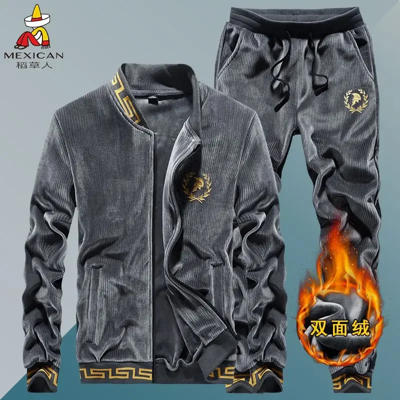 High quality double-sided velvet hoodie set for men in winter, with thickened gold velvet jacket and casual sportswear