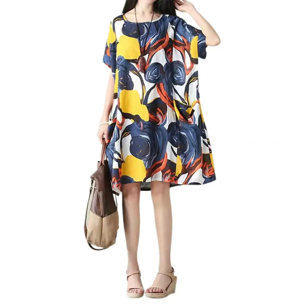 Attractive Loose Dress  O-Neck Colorfast T-shirt Dress  Simple Casual Loose Beach Dress