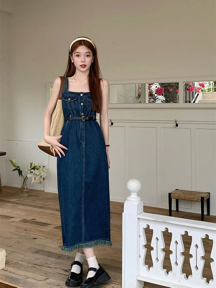 Suspender Denim Dress Paired Blouse Set Separately 2024 Summer V Neck Puff Sleeve Top Back Elastic Waist Dress