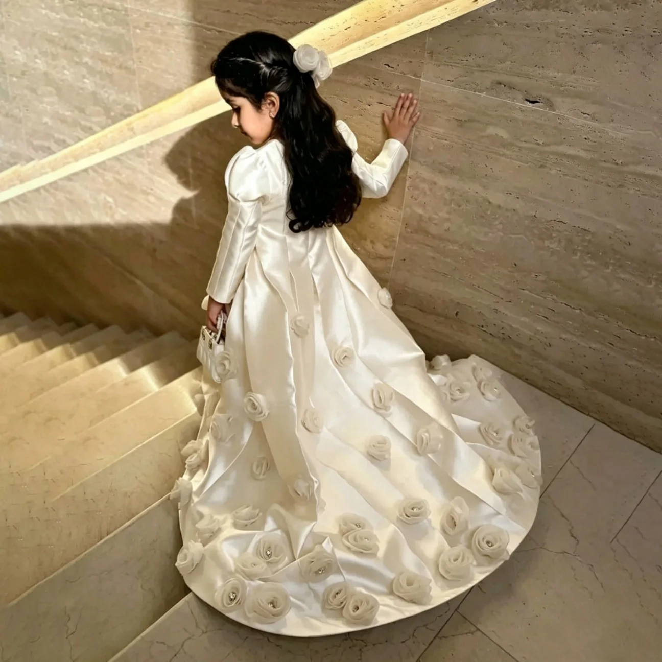 Ivory Satin Flower Girl Dress  3D Rose Appliques Long Sleeve for Wedding Baptism First Communion Birthday Party and FormalEvents