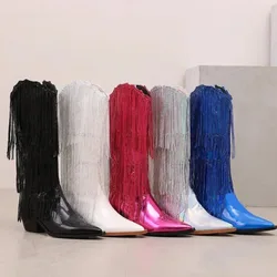 2025 Plus Size 46 High Quality Metallic Silver Gold Pointed Toe Block Heels Fringes Cowboy Boots Women Tassels Party Shoes