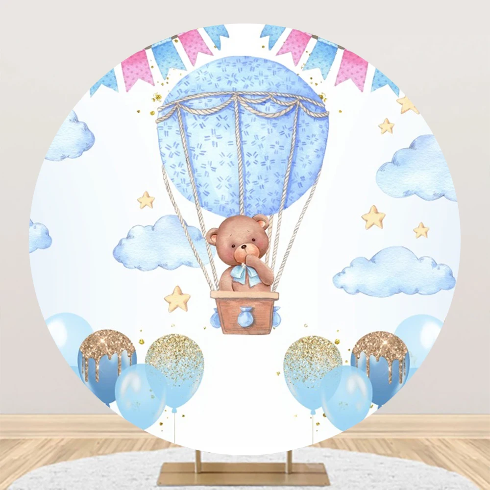 Cartoon Bear Round Backdrop Cover Pink Blue Hot Air Balloons Baby Shower Birthday Party Circle Photography Background Decoration