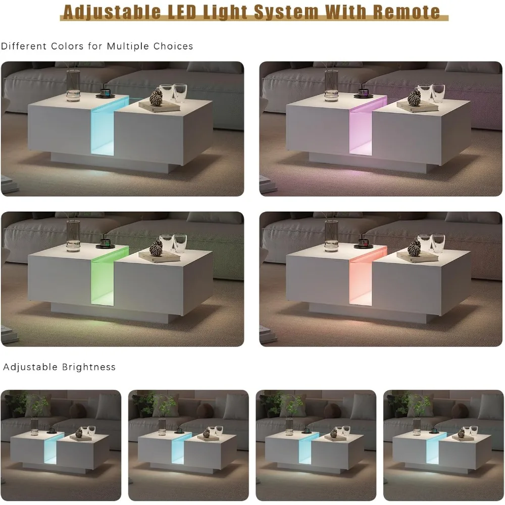 White Led Coffee Table for Living Room, Rectangular Living Room Table with Storage, Acrylic Coffee Tables with 2 Sliding Drawers