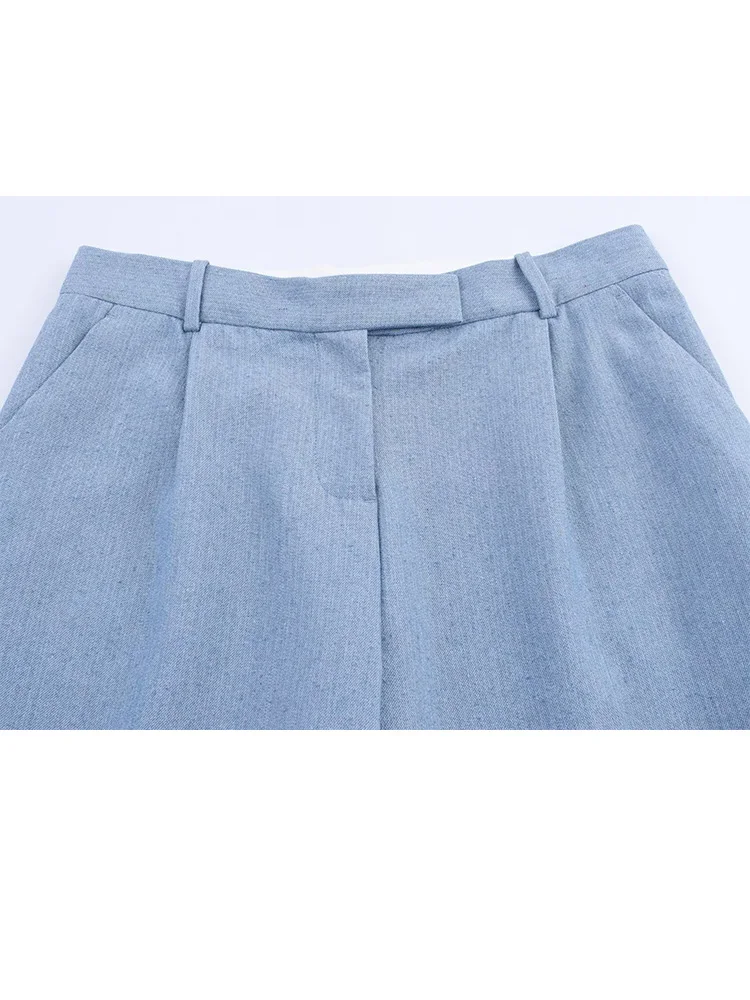 HH Women Chic Turndown Collar One Button Short Sleeve Top+Autumn Pockets Solid Zipper Pleated Straight Pants 2-Piece Set