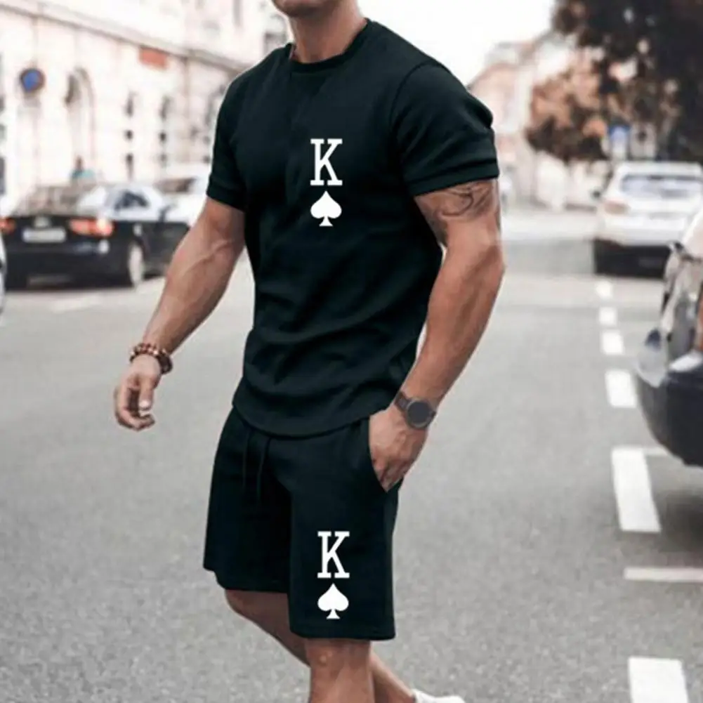 2Pcs/Set Fashion Fitness Suit Round Neck Wide Leg Shrink Resistant Letter K Printing Men T-shirt Shorts Set