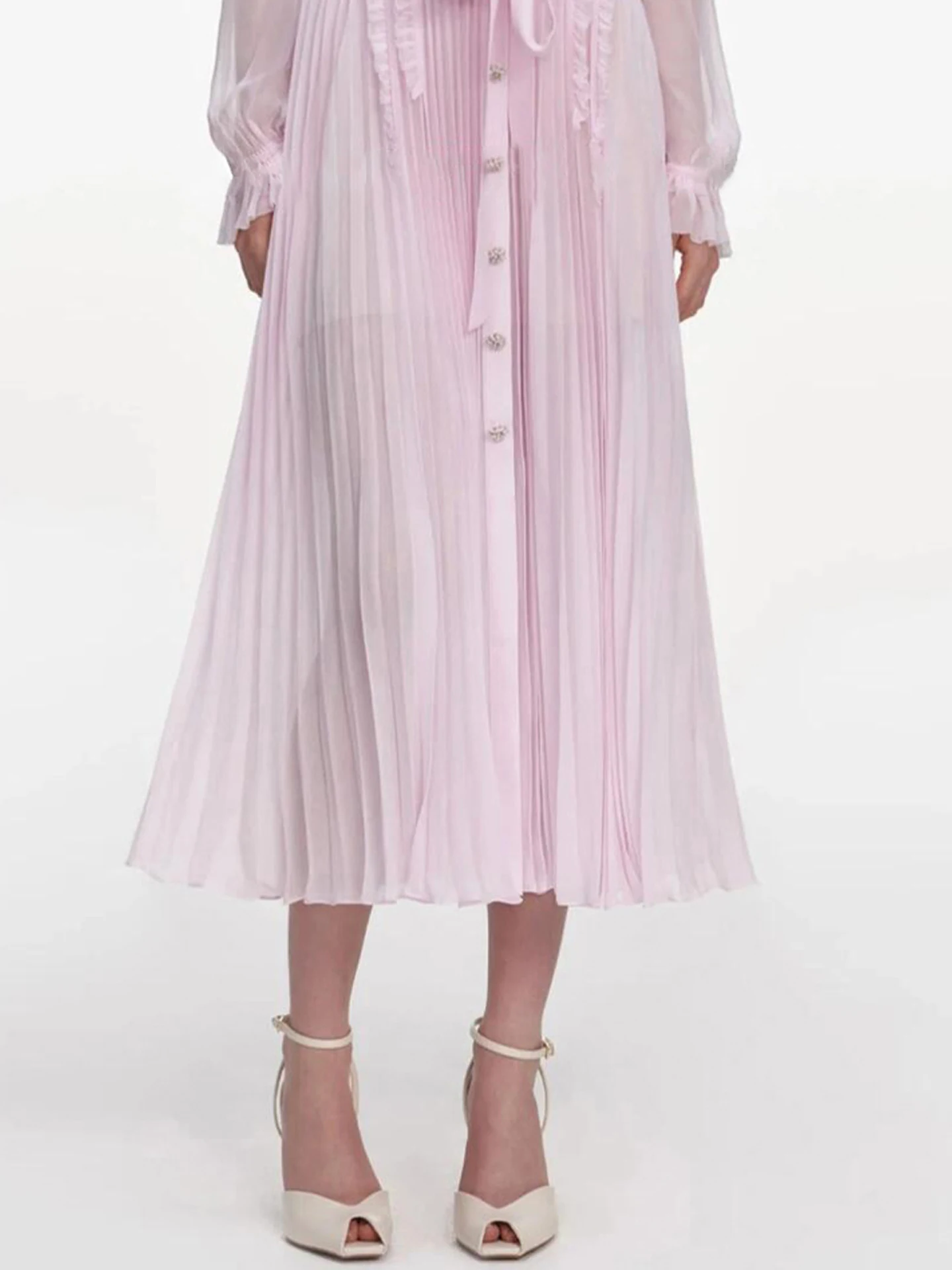 달콤한 장식이 있는 인형 칼라 주름 드레스 여성 프리미엄 패션 가을 겨울 출퇴근 스타일 하이웨이스트 롱 스커트...