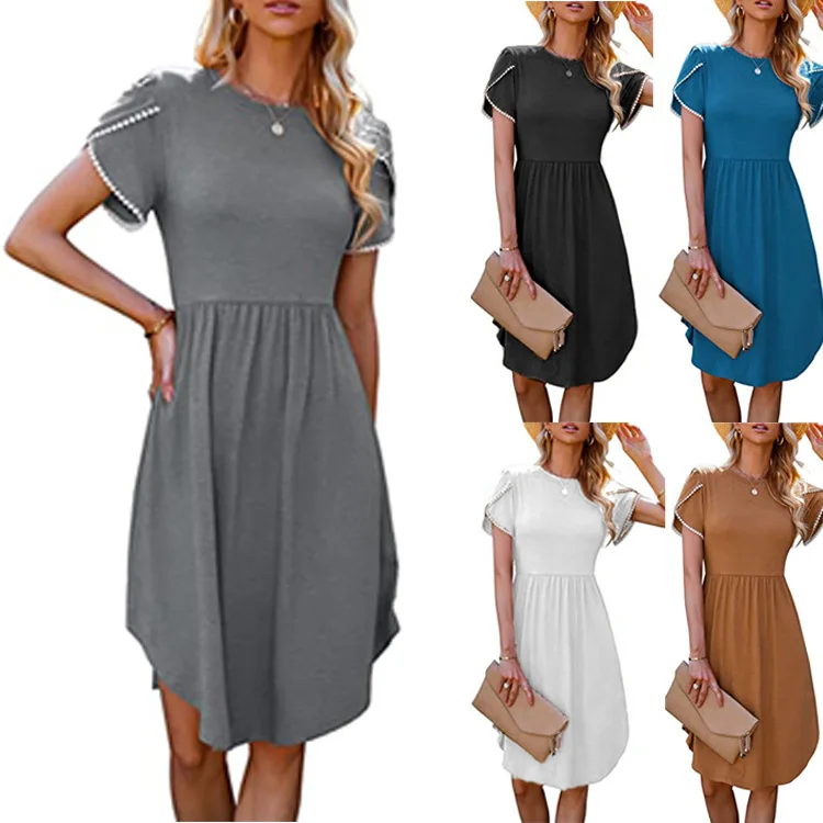 YJKDYK 2024 Women's Summer Dress Retro Casual Solid Cotton Dress Women's Long Summer Dress Soft Comfy Pure Color Dress For Women