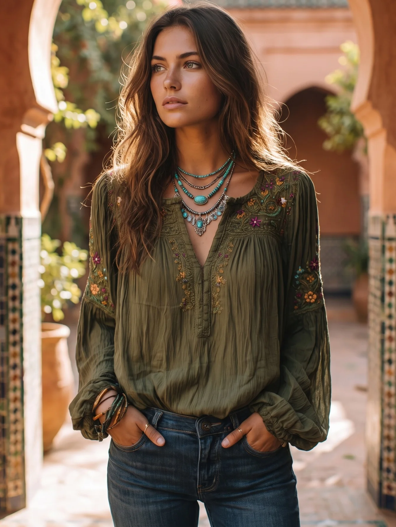 Women's Blouse Ethnic Style Retro Flower Pattern Loose V- Neck Pullover Shirt Casual Spring Ruched Tops 2026 Blusas femme