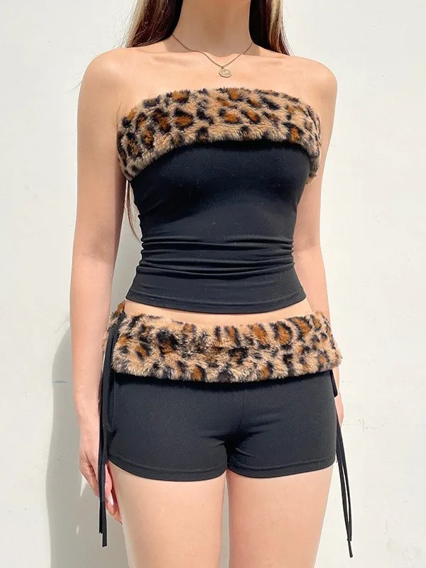 Slim Fit One Neck Vest And Shorts Set Street Style Splice Women's Thickened Ultra Short A-Line Narrow Shoulder Strap Vest