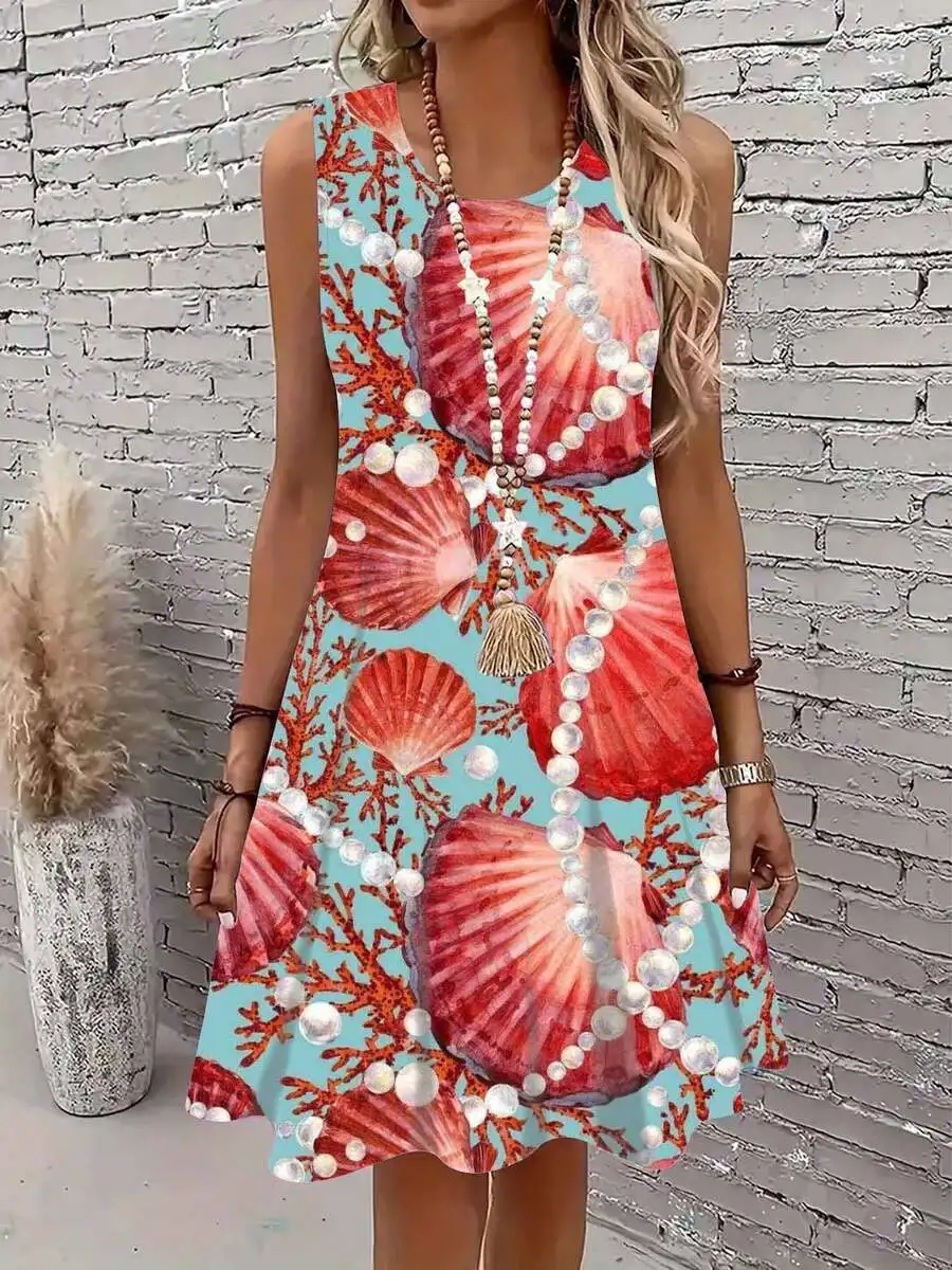

Sleeveless Shell Print Dress With Pearl Necklace Design Casual Beach Summer Outfit For Women