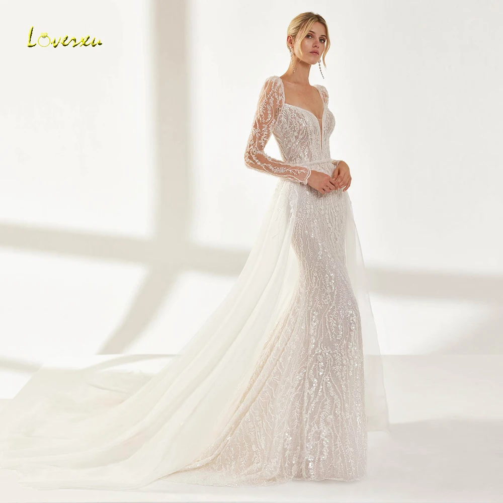 

Loverxu Mermaid Sexy Wedding Dresses Scalloped Long Sleeve Vestido De Novia Embroidery Detachable Train Custom Made Bridal Gown