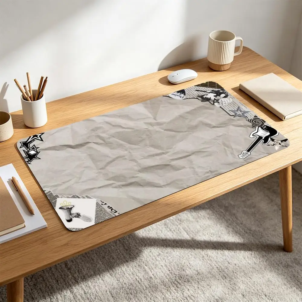 Punk Scrapbook Desk Mat, Crinkled Kraft Paper Guitar Star Collage Large Extended Mousepad, Gaming & Trading Card Game Playmat