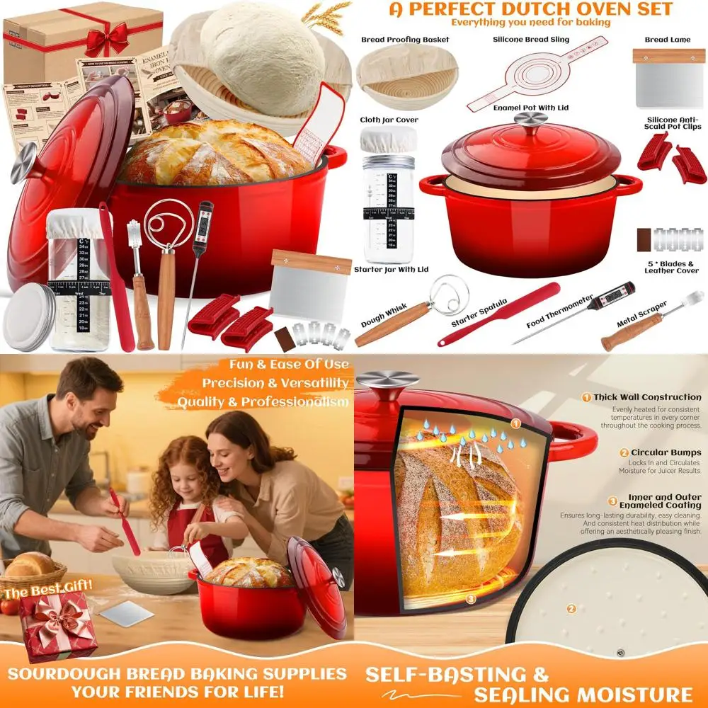 

5-Quart Enamel Dutch Oven Pot with Lid, Includes Sourdough Bread Baking Accessories: Banneton, Starter Jar, Lame Knife, Oven-Saf