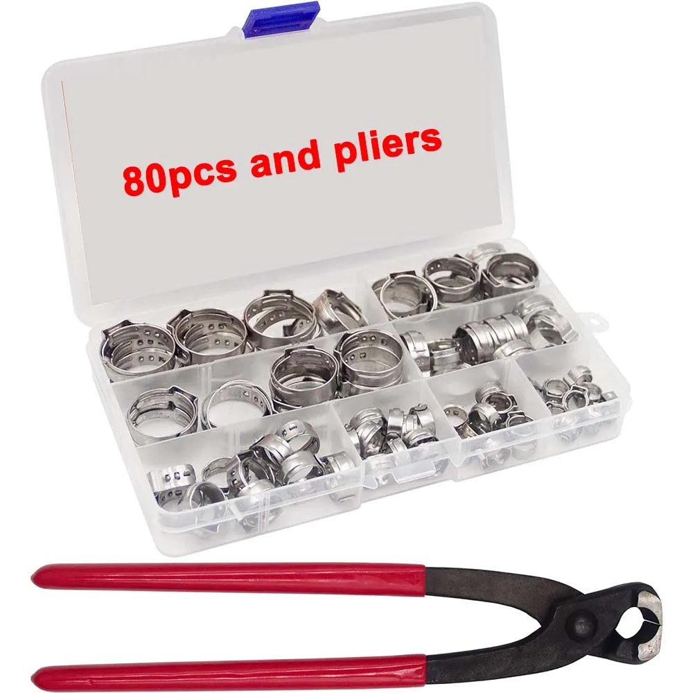 80pcs Single Ear Stepless Hose Clamps with Pincer, 304 Stainless Steel 6-23.5mm Crimp Hose Clamp Kit for Securing Pipe Hoses