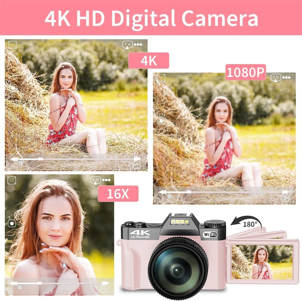 Pink Color Female Camera Digital Camera Flip Screen 4K Vlog Selfie Camcorder Youtube Livestream WIFI Webcam Macro Photography