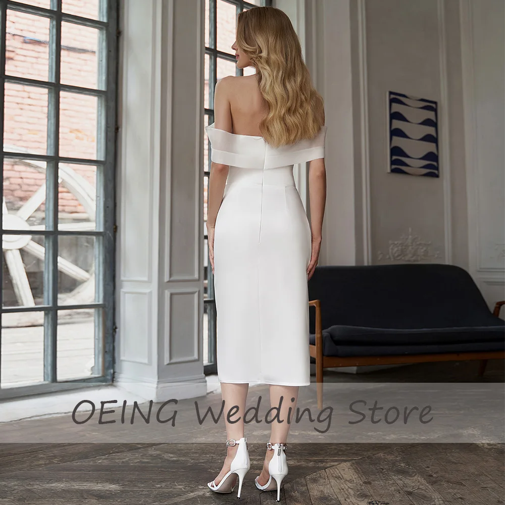 Short Wedding Dresses 2023 White Tea Length Sheath Off Shoulder  Gown Backless Sweetheart Side Slit Elegant Civil Vintage