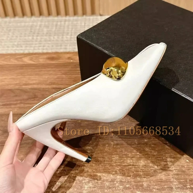 Square Peep Toe Stiletto Mules Women Fashion Oversized Gold Metal Oval Ornament Backless Slip On Slide Sandals for Party Dress